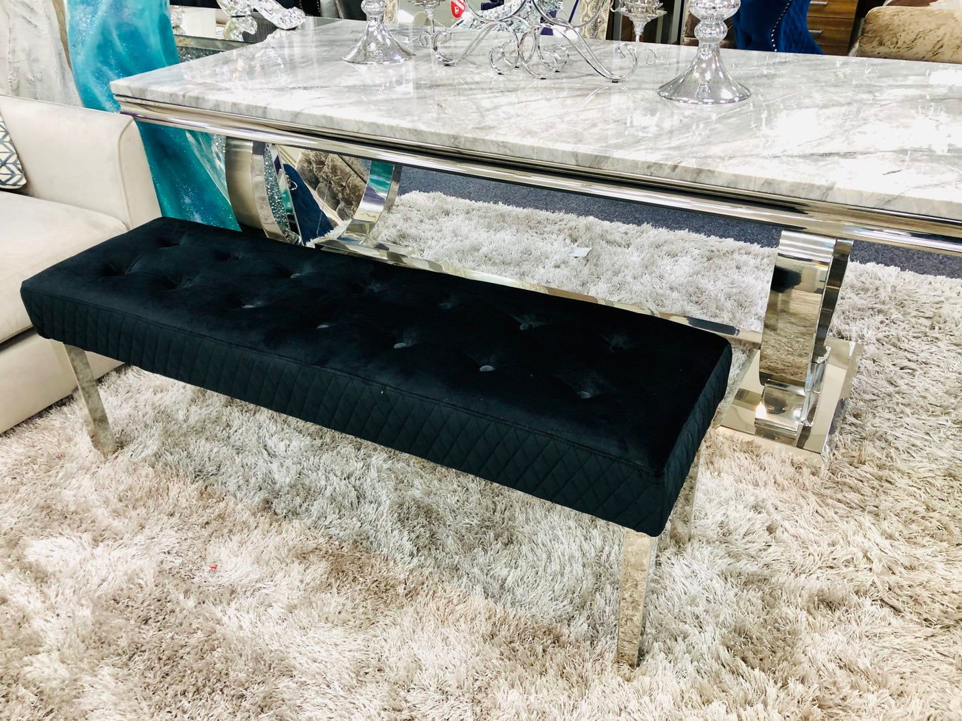Majestic Black Quilted Plush Velvet 140cm Bench-Esme Furnishings