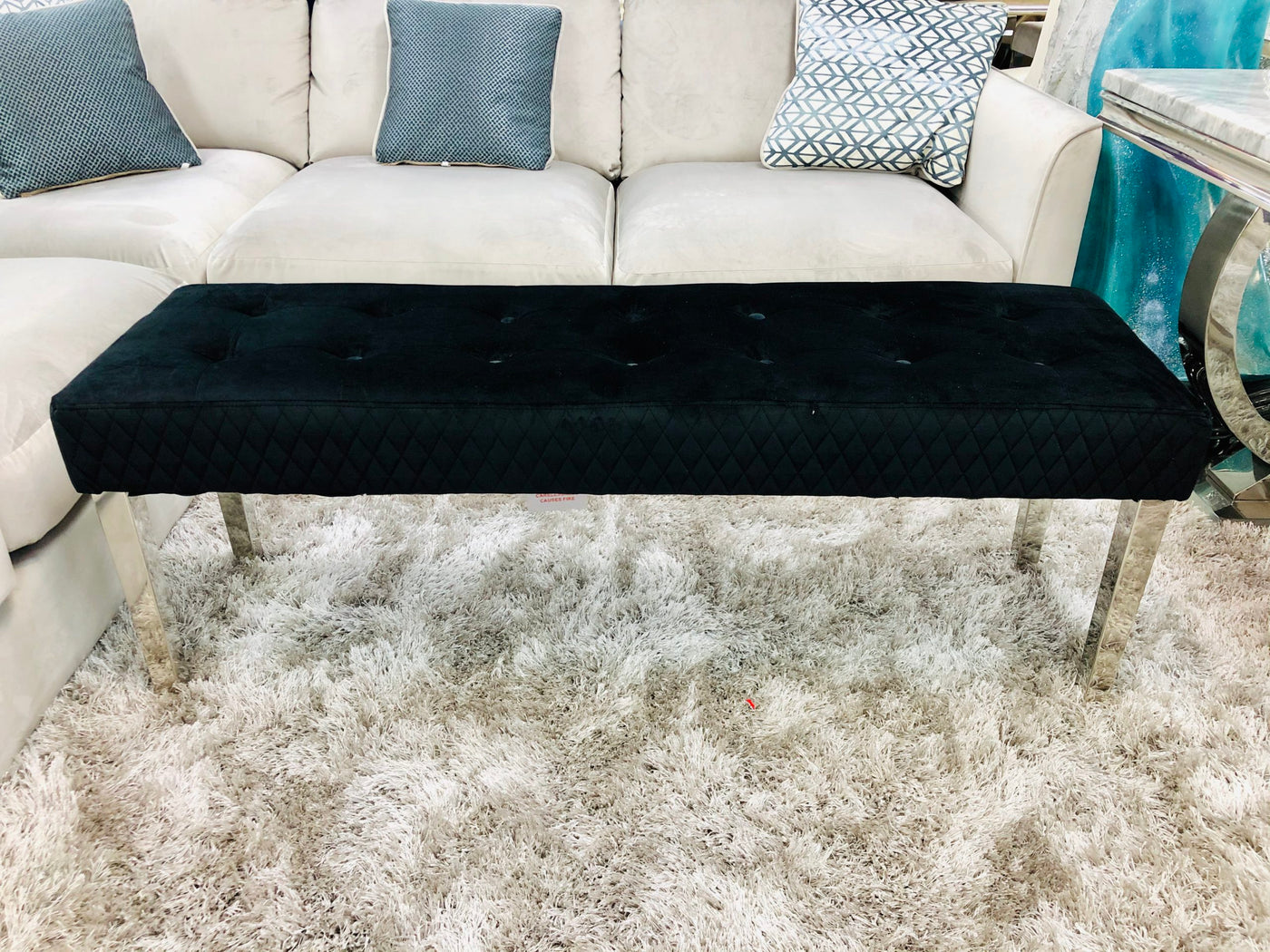 Majestic Black Quilted Plush Velvet 140cm Bench-Esme Furnishings
