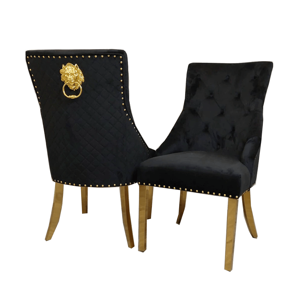 Gold Lion Knocker Quilted Tufted Plush Velvet Dining Chair Gold Legs - 4 Colours-Esme Furnishings