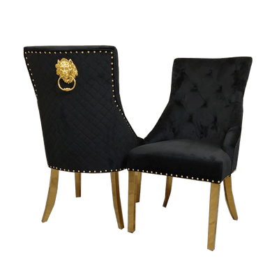 Gold Lion Knocker Quilted Tufted Plush Velvet Dining Chair Gold Legs - 4 Colours-Esme Furnishings