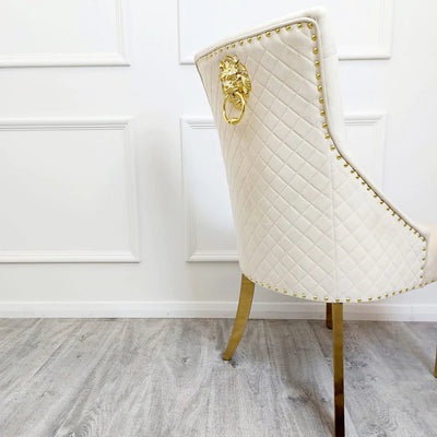 Louis Gold Polar White Sintered Stone Dining Table With Gold Lion Knocker Dining Chairs-Esme Furnishings