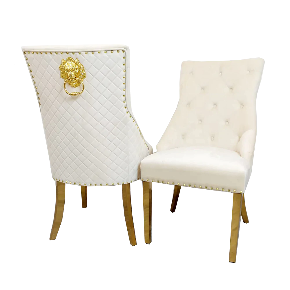 Louis Gold Polar White Sintered Stone Dining Table With Gold Lion Knocker Dining Chairs-Esme Furnishings