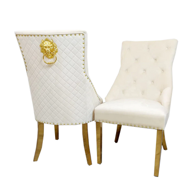 Louis Gold Polar White Sintered Stone Dining Table With Gold Lion Knocker Dining Chairs-Esme Furnishings