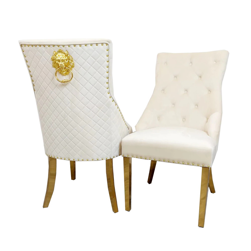 Majestic Gold Lion Knocker Quilted Tufted Plush Velvet Dining Chair Gold Legs - 3 Colours-Esme Furnishings