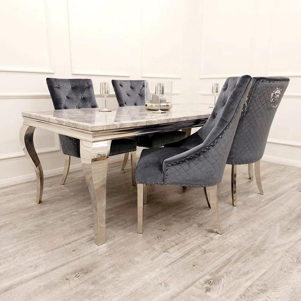 Louis Marble & Chrome Dining Table With Quilted Lion Knocker Velvet Chairs-Esme Furnishings