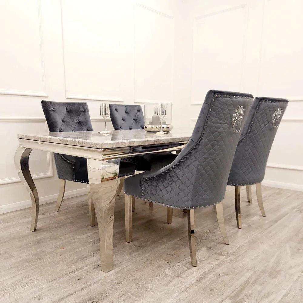 Louis Marble & Chrome Dining Table With Quilted Lion Knocker Velvet Chairs-Esme Furnishings