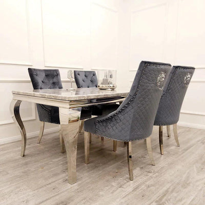 Louis Marble & Chrome Dining Table With Quilted Lion Knocker Velvet Chairs-Esme Furnishings