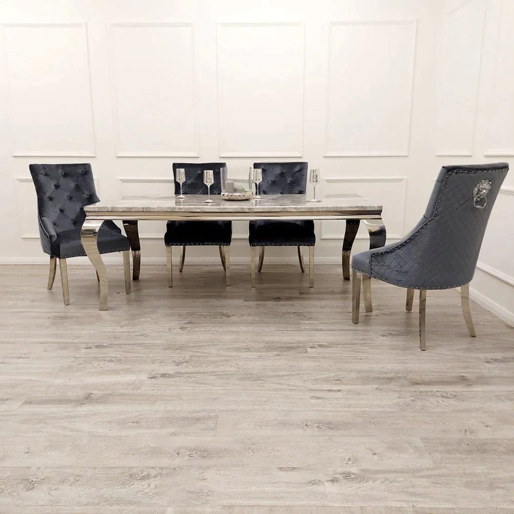 Louis Marble & Chrome Dining Table With Quilted Lion Knocker Velvet Chairs-Esme Furnishings