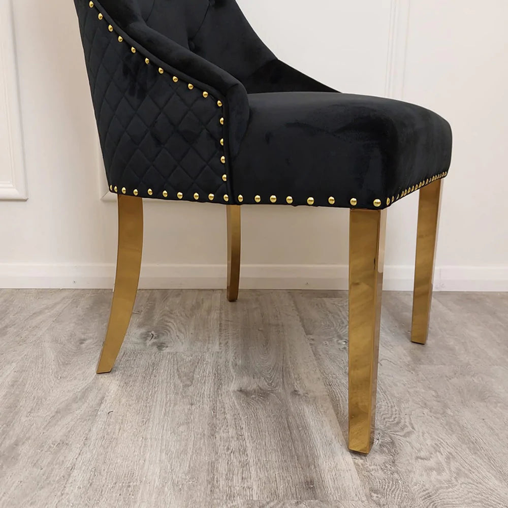 Majestic Gold Lion Knocker Quilted Tufted Plush Velvet Dining Chair Gold Legs - 3 Colours-Esme Furnishings