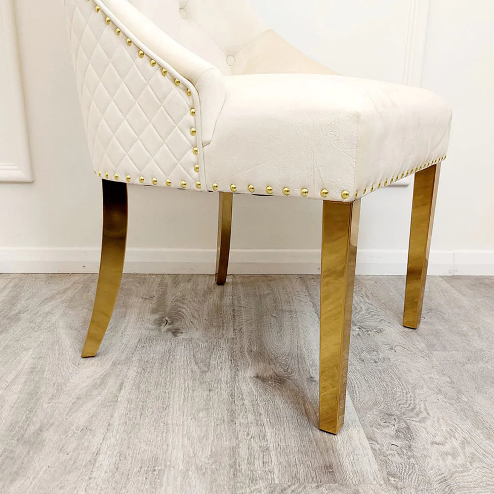 Louis Gold Polar White Sintered Stone Dining Table With Gold Lion Knocker Dining Chairs-Esme Furnishings
