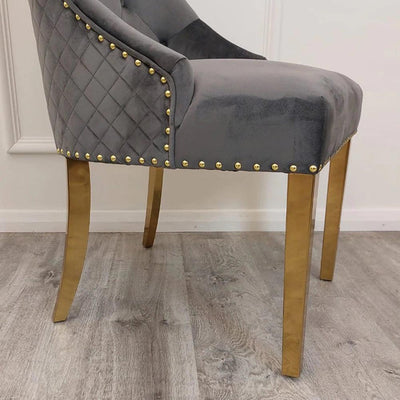Gold Lion Knocker Quilted Tufted Plush Velvet Dining Chair Gold Legs - 4 Colours-Esme Furnishings