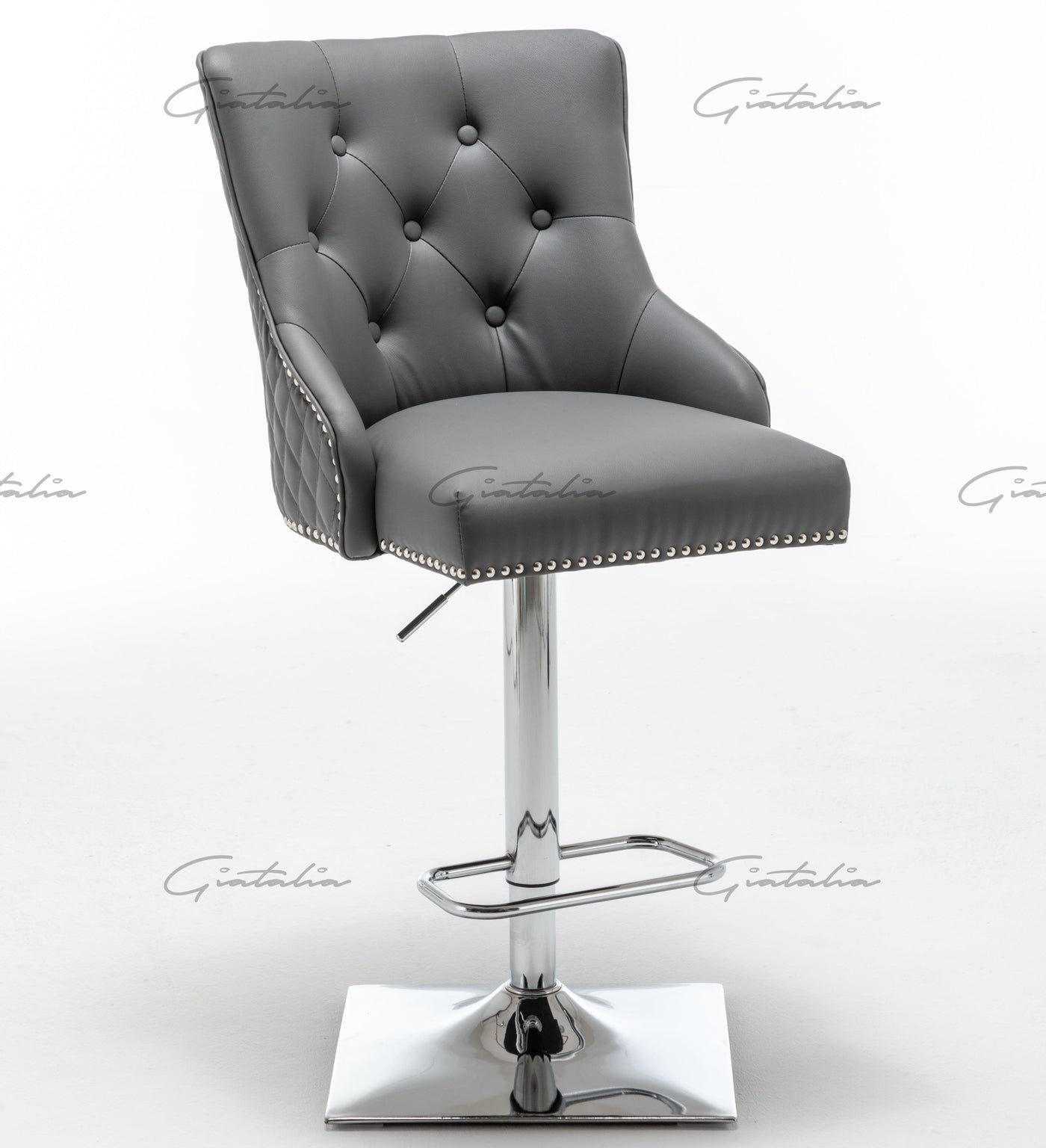 Weston Grey Faux Leather Barstool PU Chrome Round Knocker-Esme Furnishings