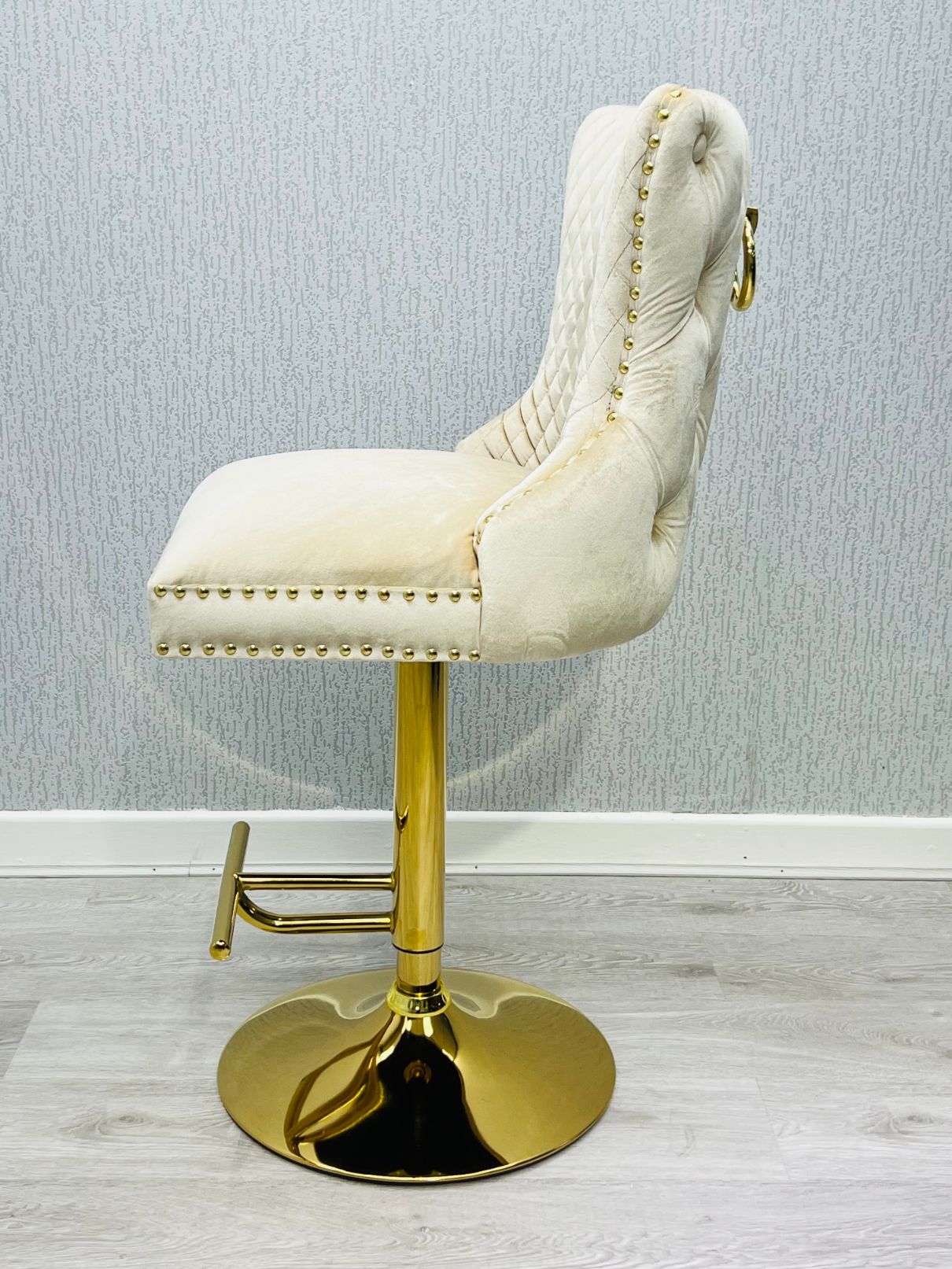 Valentino Cream Gold Lion  Knocker Quilted Back Plush Velvet Gold Bar Stool