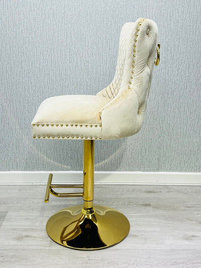 Valentino Cream Gold Lion  Knocker Quilted Back Plush Velvet Gold Bar Stool