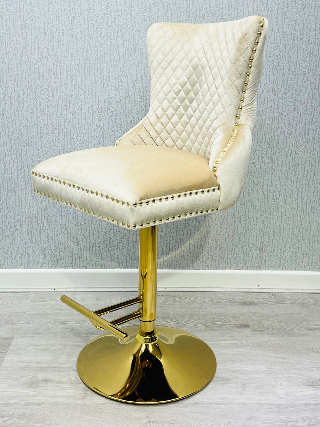 Valentino Cream Gold Lion  Knocker Quilted Back Plush Velvet Gold Bar Stool