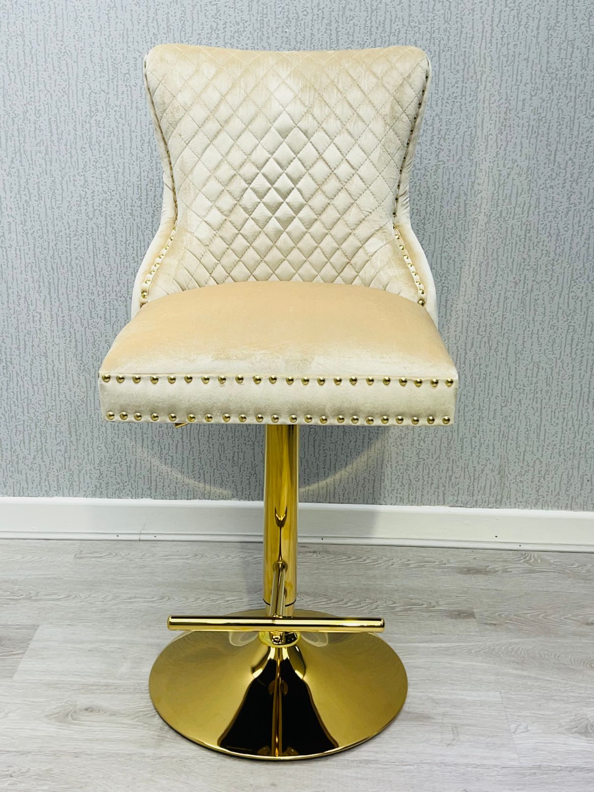 Valentino Cream Gold Lion  Knocker Quilted Back Plush Velvet Gold Bar Stool