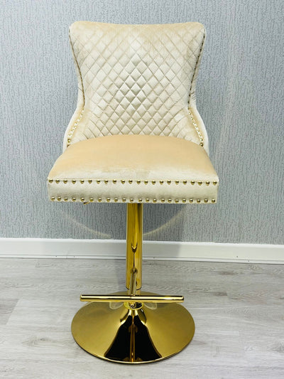 Valentino Cream Gold Lion  Knocker Quilted Back Plush Velvet Gold Bar Stool