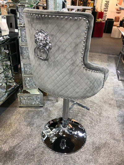 Majestic Grey Brushed Velvet Bar Stool With Lion Knocker-Esme Furnishings