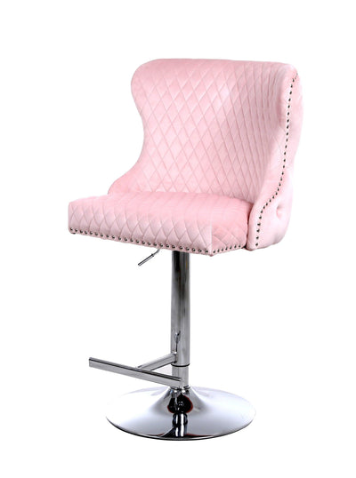 Valentino Pink Lion Knocker Quilted Back Plush Velvet Chrome Bar Stool-Esme Furnishings
