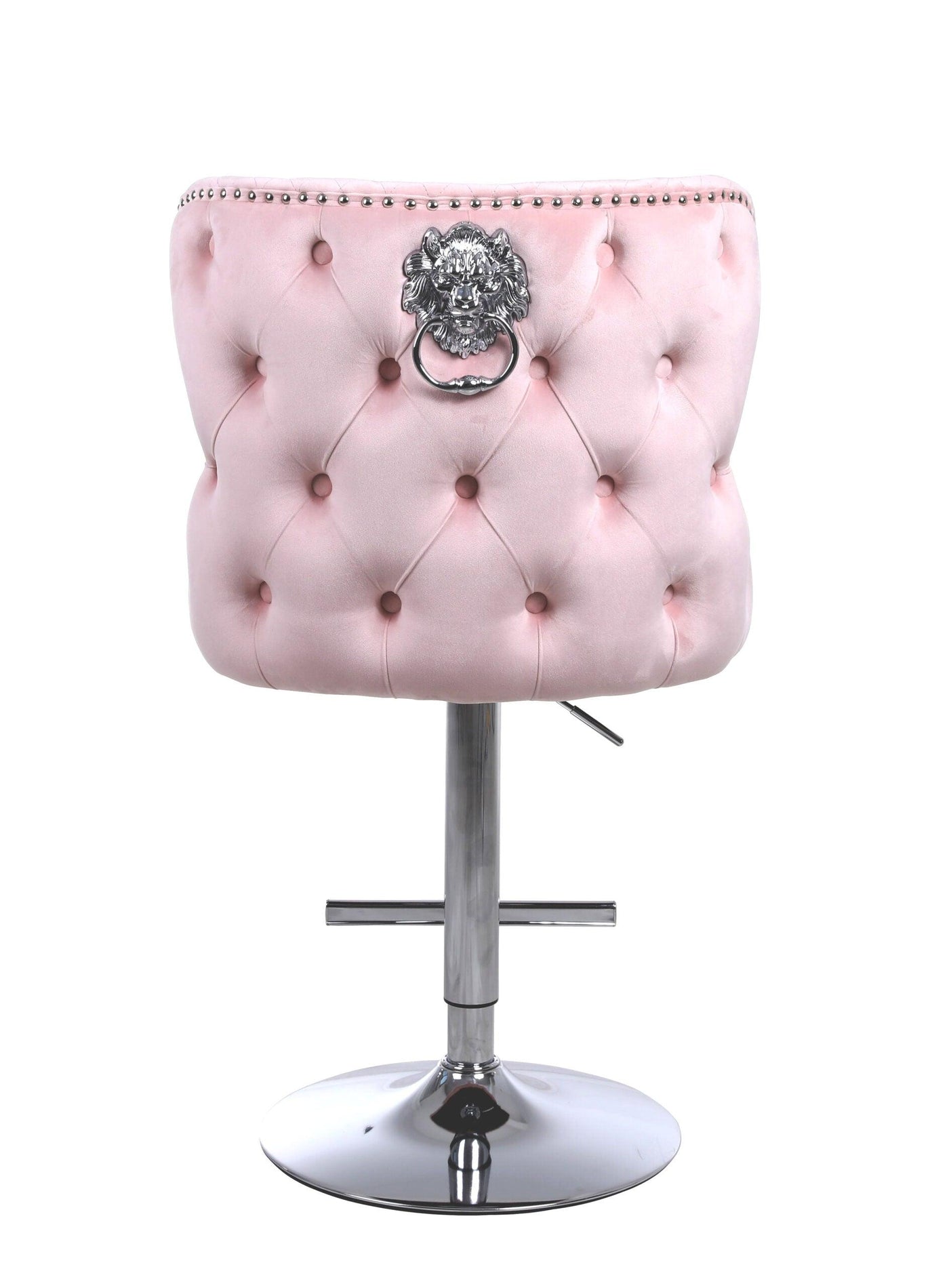 Valentino Pink Lion Knocker Quilted Back Plush Velvet Chrome Bar Stool-Esme Furnishings