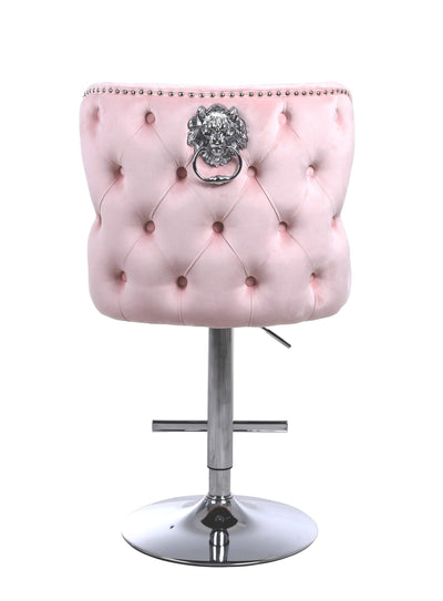 Valentino Pink Lion Knocker Quilted Back Plush Velvet Chrome Bar Stool-Esme Furnishings