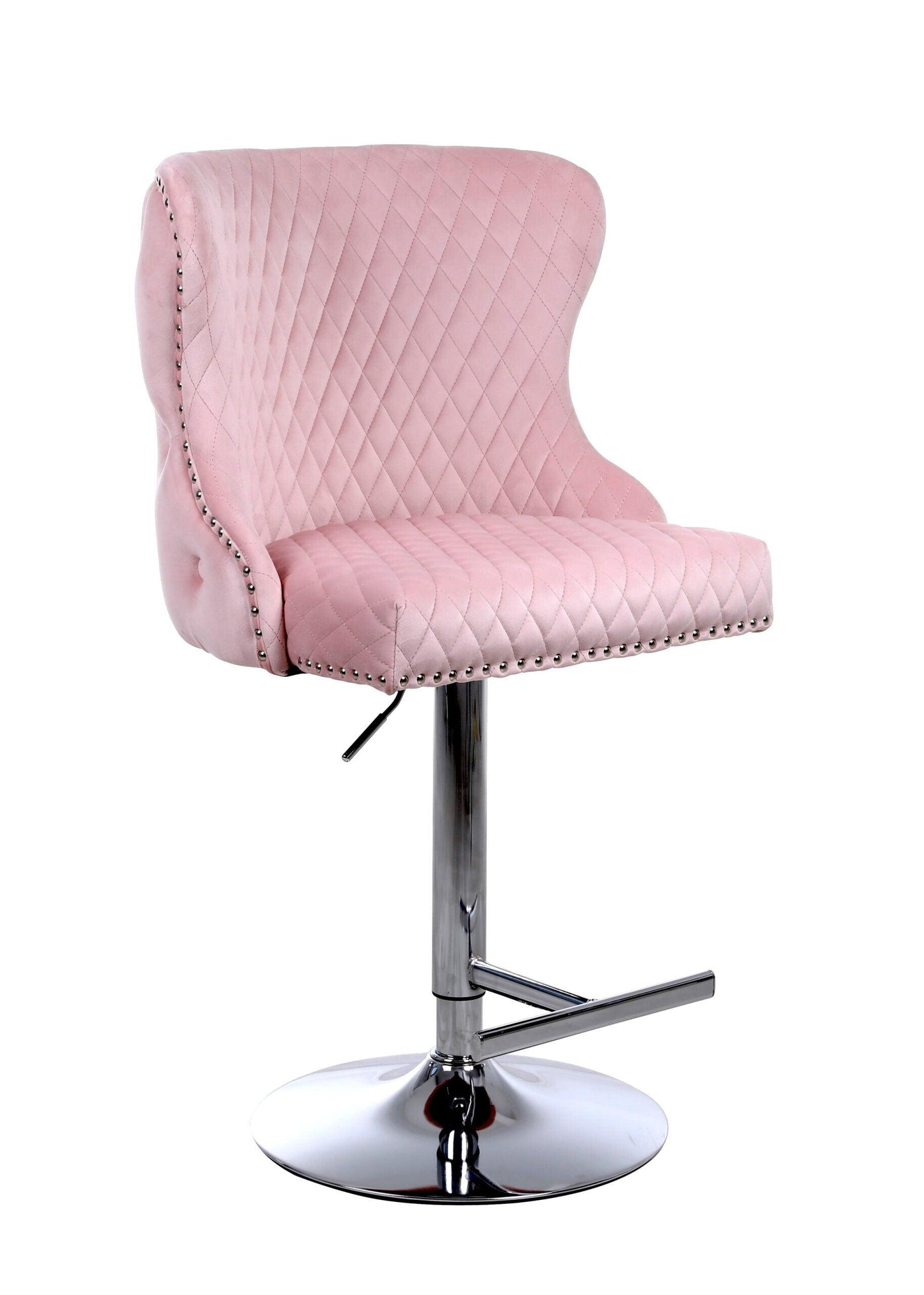 Valentino Pink Lion Knocker Quilted Back Plush Velvet Chrome Bar Stool-Esme Furnishings