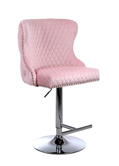 Valentino Pink Lion Knocker Quilted Back Plush Velvet Chrome Bar Stool-Esme Furnishings