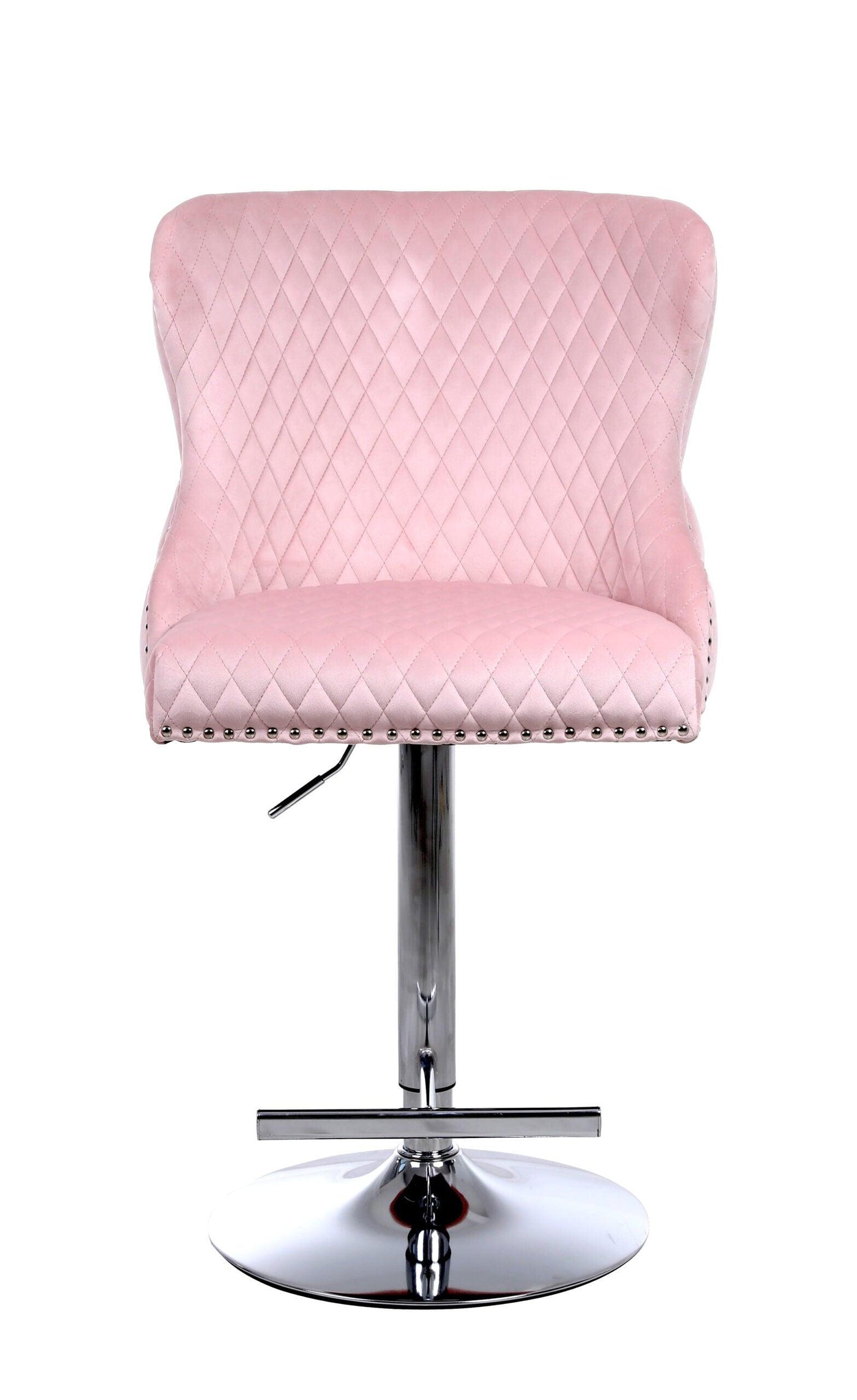 Valentino Pink Lion Knocker Quilted Back Plush Velvet Chrome Bar Stool-Esme Furnishings
