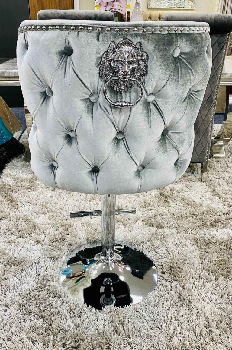 Valentino Pewter Shimmer Grey Lion Knocker Quilted Back Plush Velvet Chrome Bar Stool-Esme Furnishings