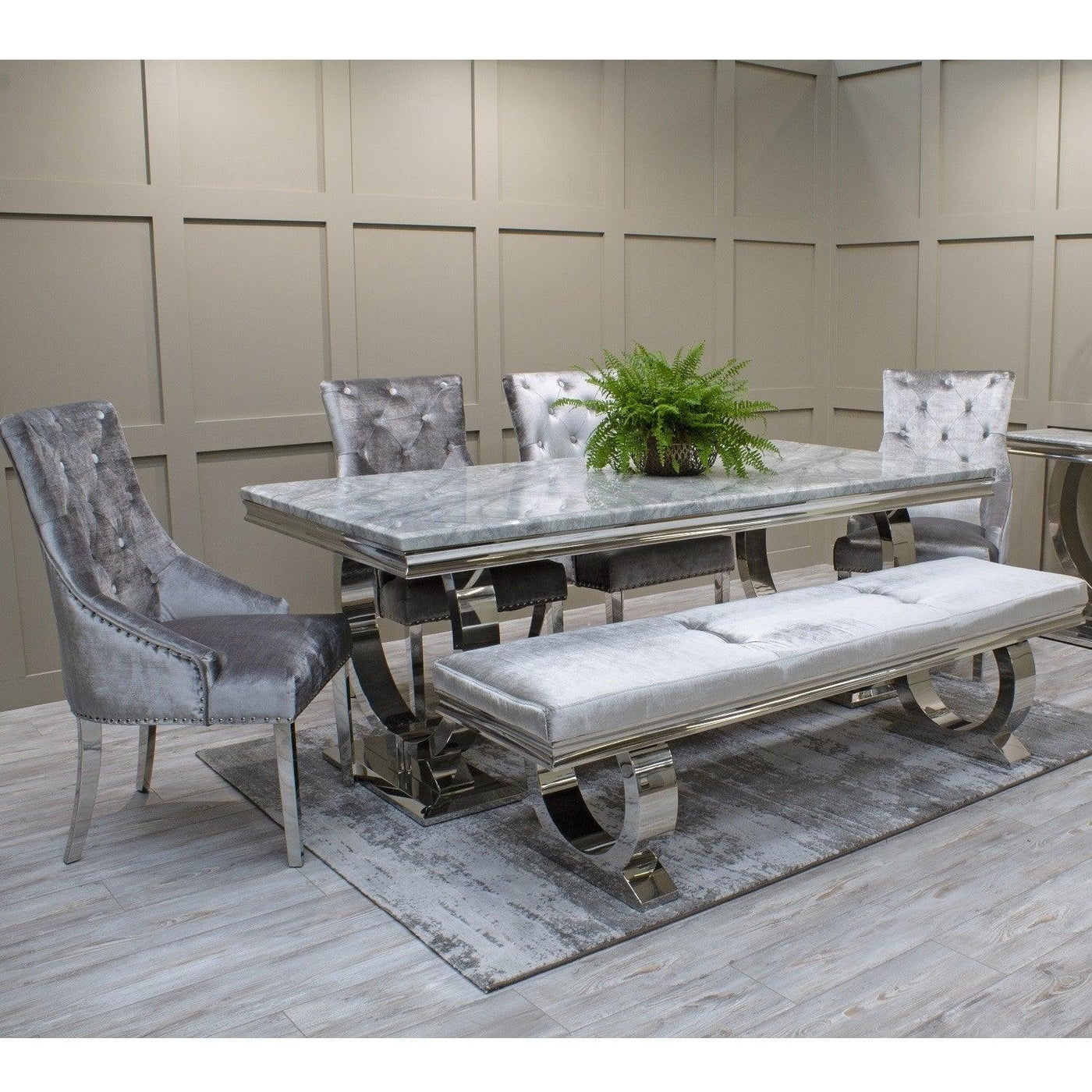 Arianna 180cm Grey Marble Dining Table + Belle Velvet Dining Chairs + Bench-Esme Furnishings
