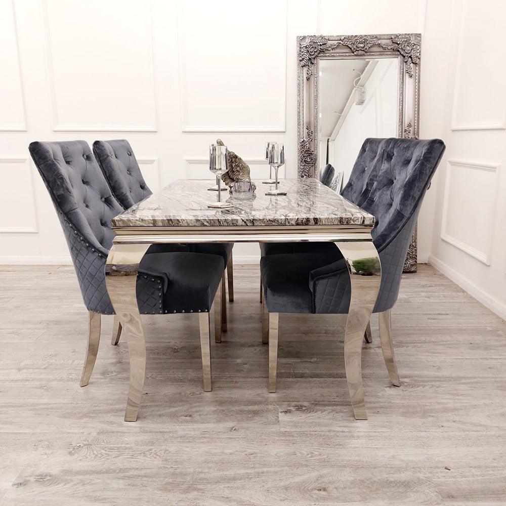 Louis 150cm Dark Grey Marble Dining Table + 4 Bentley Lion Knocker Shimmer Grey Lion Plush Velvet Chairs-Esme Furnishings