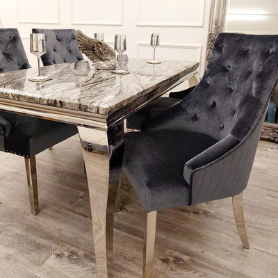 Louis 150cm Dark Grey Marble Dining Table + 4 Bentley Lion Knocker Shimmer Grey Lion Plush Velvet Chairs-Esme Furnishings