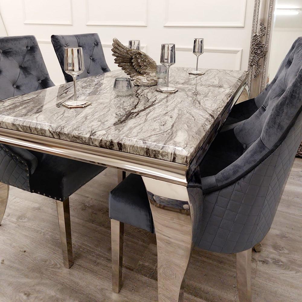 Louis 150cm Dark Grey Marble Dining Table + 4 Bentley Lion Knocker Shimmer Grey Lion Plush Velvet Chairs-Esme Furnishings