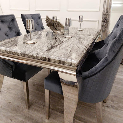 Louis 150cm Dark Grey Marble Dining Table + 4 Bentley Lion Knocker Shimmer Grey Lion Plush Velvet Chairs-Esme Furnishings