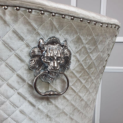Belle Champagne Mink Velvet Fabric Lion Knocker Quilted Back Dining Chair-Esme Furnishings
