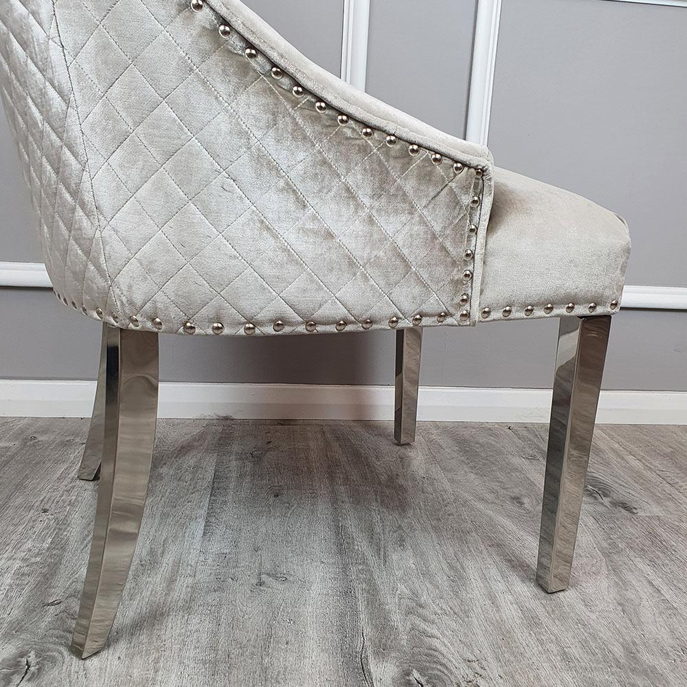 Belle Champagne Mink Velvet Fabric Lion Knocker Quilted Back Dining Chair-Esme Furnishings