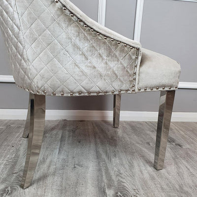 Belle Champagne Mink Velvet Fabric Lion Knocker Quilted Back Dining Chair-Esme Furnishings