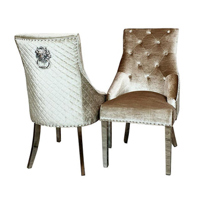 Belle Champagne Mink Velvet Fabric Lion Knocker Quilted Back Dining Chair-Esme Furnishings