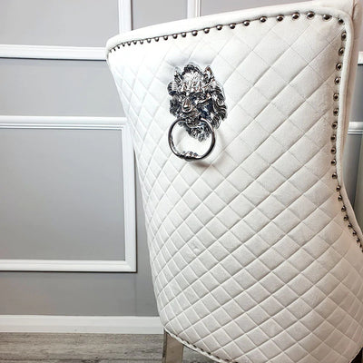 Lucien 160cm Chrome Dining Table with Polar White Sintered Stone Top + Chrome Quilted Back Lion Knocker Dining Chairs-Esme Furnishings
