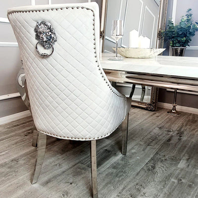 Louis Round 130cm Marble Dining Table + Lion Knocker Plush Velvet Dining Chairs