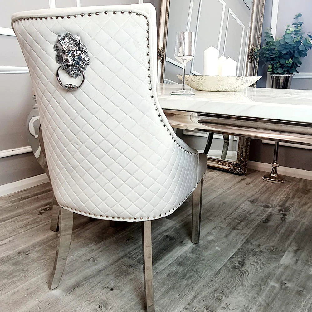 Lucien 160cm Chrome Dining Table with Polar White Sintered Stone Top + Chrome Quilted Back Lion Knocker Dining Chairs-Esme Furnishings