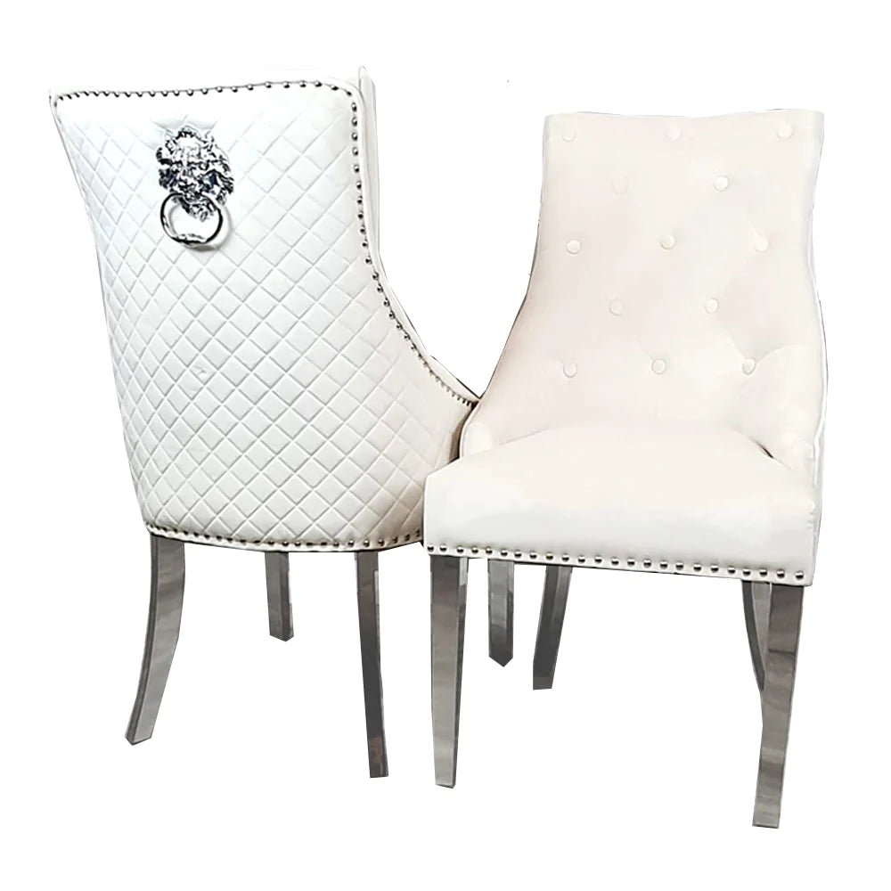 Lucien 160cm Chrome Dining Table with Polar White Sintered Stone Top + Chrome Quilted Back Lion Knocker Dining Chairs-Esme Furnishings