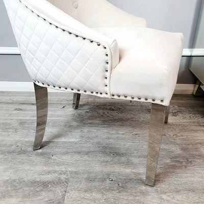 Lucien 160cm Chrome Dining Table with Polar White Sintered Stone Top + Chrome Quilted Back Lion Knocker Dining Chairs-Esme Furnishings