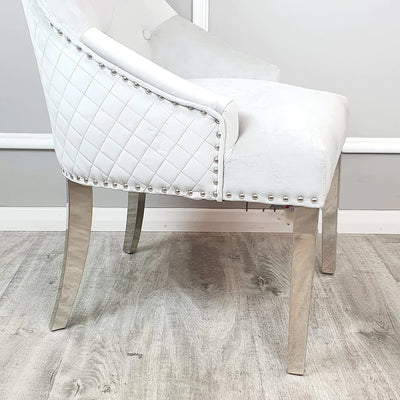 Lucien 160cm Chrome Dining Table with Polar White Sintered Stone Top + Chrome Quilted Back Lion Knocker Dining Chairs-Esme Furnishings
