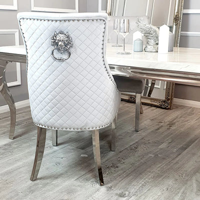 Lucien 160cm Chrome Dining Table with Polar White Sintered Stone Top + Chrome Quilted Back Lion Knocker Dining Chairs-Esme Furnishings