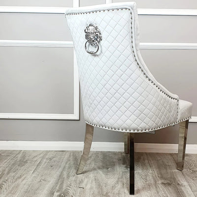 Lucien 160cm Chrome Dining Table with Polar White Sintered Stone Top + Chrome Quilted Back Lion Knocker Dining Chairs-Esme Furnishings