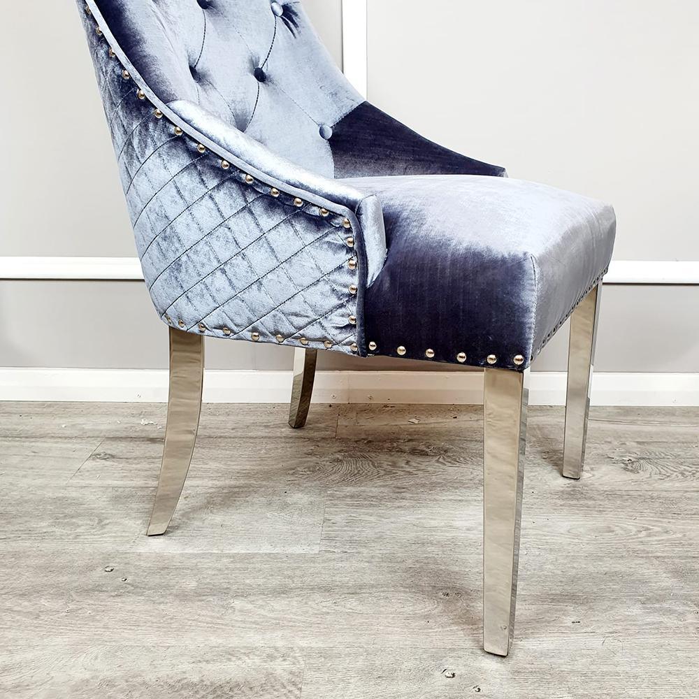Belle Charcoal Grey Shimmer Velvet Lion Knocker Quilted Back Dining Chair-Esme Furnishings