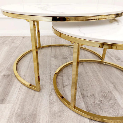 Cato Nest of 2 Round Coffee Gold Tables with Polar White Sintered Stone Tops-Esme Furnishings