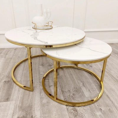 Cato Nest of 2 Round Coffee Gold Tables with Polar White Sintered Stone Tops-Esme Furnishings