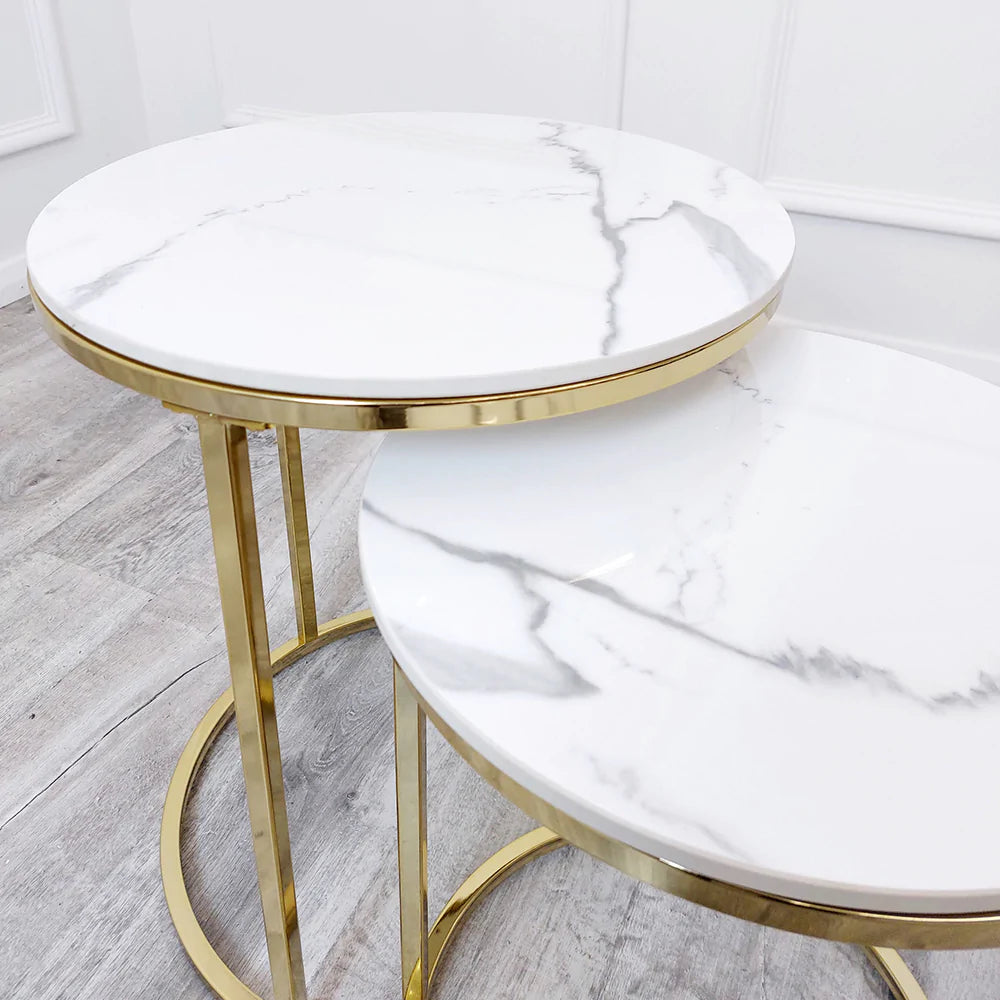 Cato Nest of 2 Tall Gold End Tables with Polar White Sintered Stone Tops-Esme Furnishings
